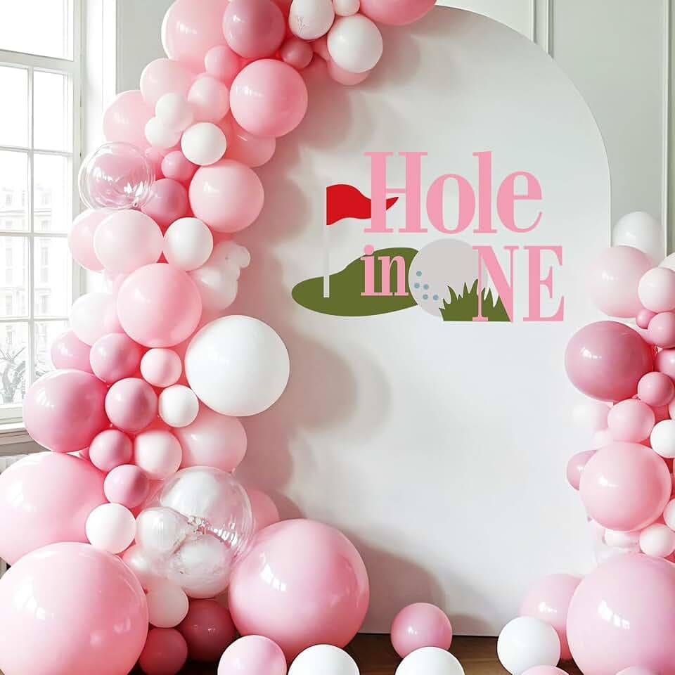 Hole in One Birthday Party Decorations - Golf Themed Sign Decal for Balloons Arch Backdrop, First Birthday Decorations for Boy, One Year Old Wall Decor, 1st Party Supplies Banner for Girl Boys (pink)