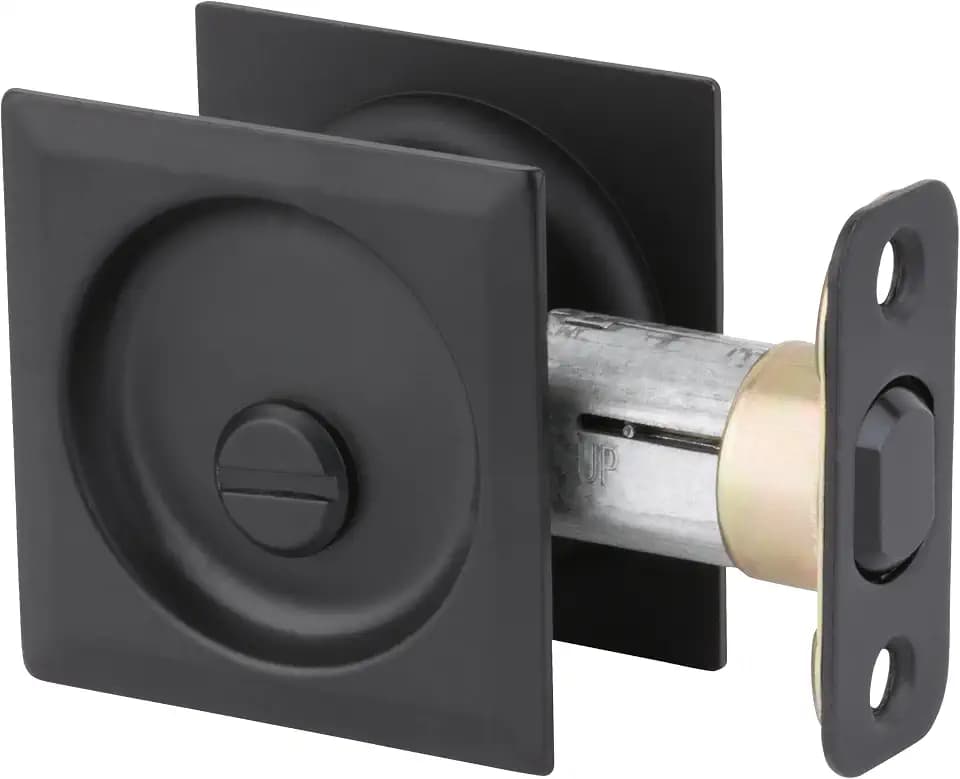 Kwikset Pocket Door Deadbolt Lock, Matte Black Square Exterior UnKeyed Closet Pantry Pull Door, with Microban Protection