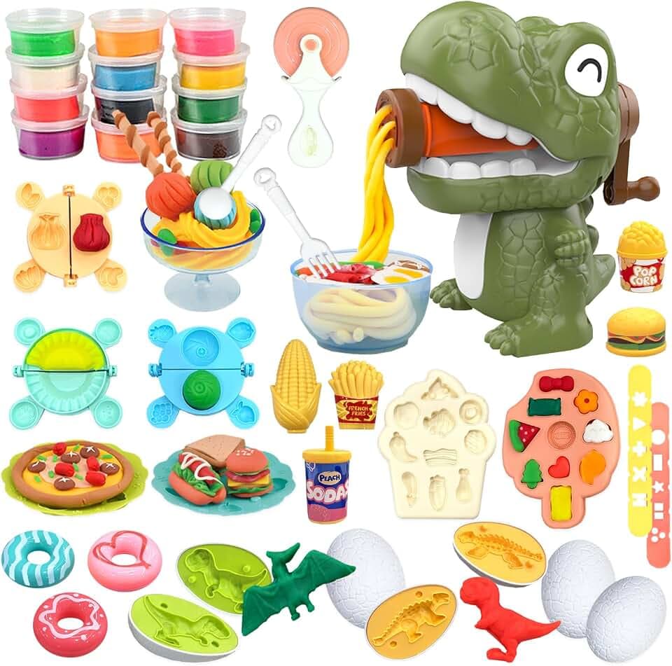 VBACALA Dinosaurier Knete Set 42-teilig mit Kitchen Creations Nudelmaschine,5 Dino Eierformen,12 Farben Knetmasse und Knetwerkzeug,Kreatives Spielzeug Geschenk für Kinder ab 3 Jahre Jungen&Mädchen