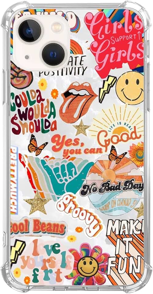 Retro Good Vibes Smile Face Butterfly Pattern Collage Case Compatible with iPhone 14, Trippy Aesthetic Color Collage Case for iPhone 14, Trendy Soft TPU Bumper Cover