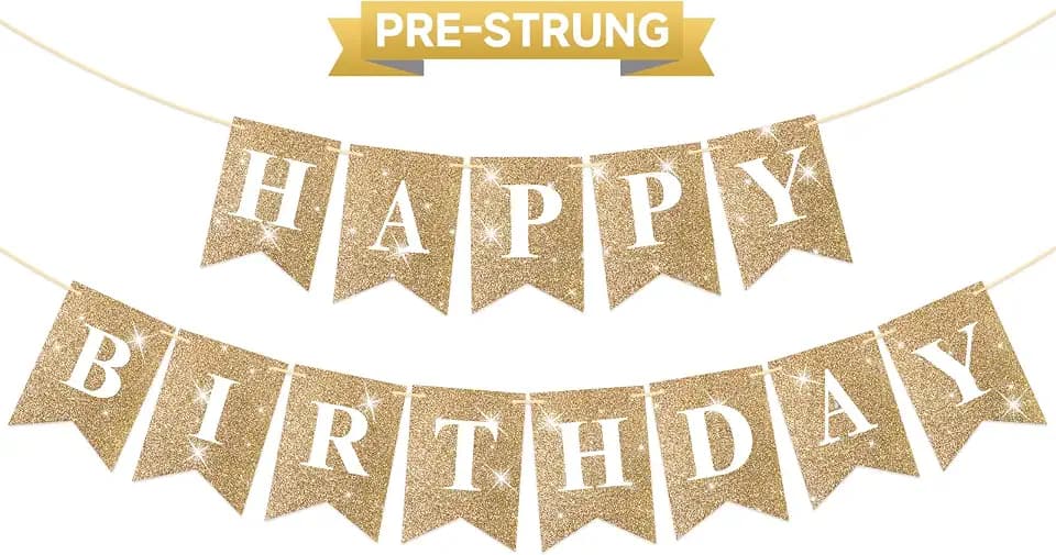 Pre-Strung Gold Happy Birthday Banner Glitter Birthday Party Banner NO DIY