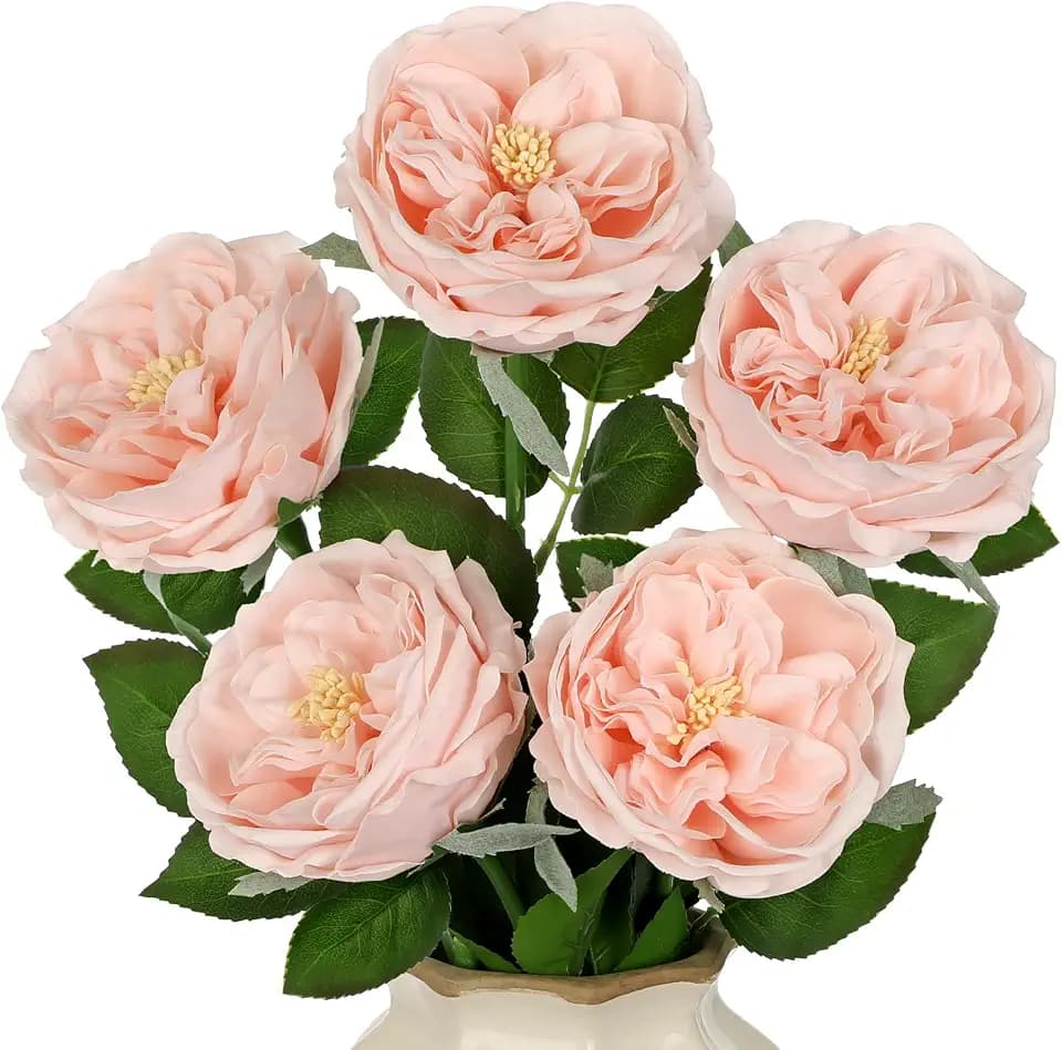 5Pcs Peonies Artificial Flowers Real Touch Austin Roses 23.6 Inch Long Stem Fake Flowers for Decoration Latex Rose Peony for Vase Wedding Valentine’s Day Party Arrangement Home Decor - Light Blush