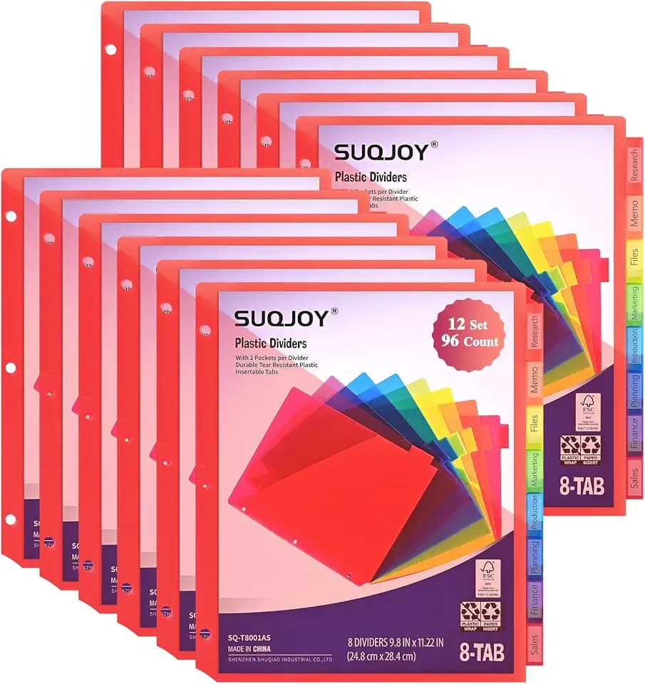 SUQJOY Binder Index Dividers with Tabs, 96 Count 3 Ring Binder Dividers with Pockets, 8 Tab Dividers for 3 Ring Binder, Plastic Sheet Protectors for US Letter Size, 8 Color Tab Dividers,12 Packs