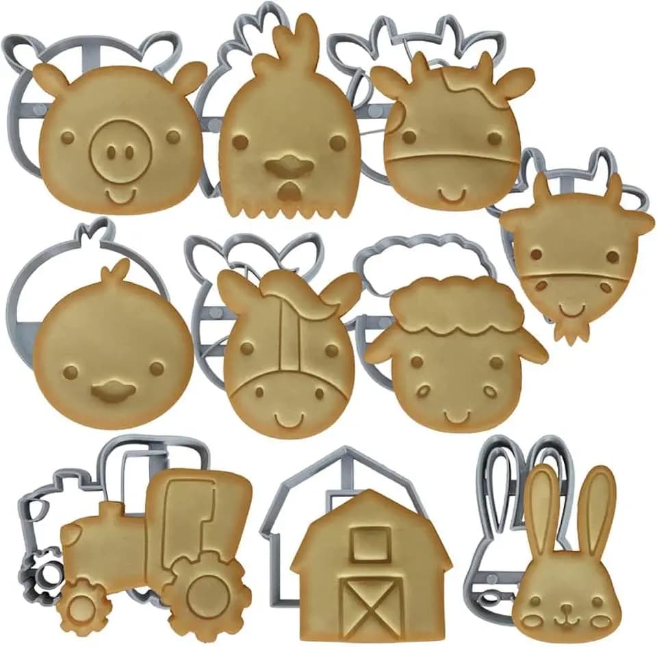 Farm Animal Cookie Cutters - Set of 10 Cookie Cutters for Kids Birthday Party or Themed Parties - Includes Chicken, Pig, Cow, Horse, Duck, Goat, Sheep, Bunny, Barn, & Tractor Cookie Cutter