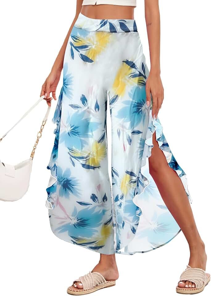 Famulily Hose mit geteiltem weitem Bein für Damen, hohe Taille, seitlicher Reißverschluss, Palazzo-Sommerhose, lässige Hose mit Blumendruck