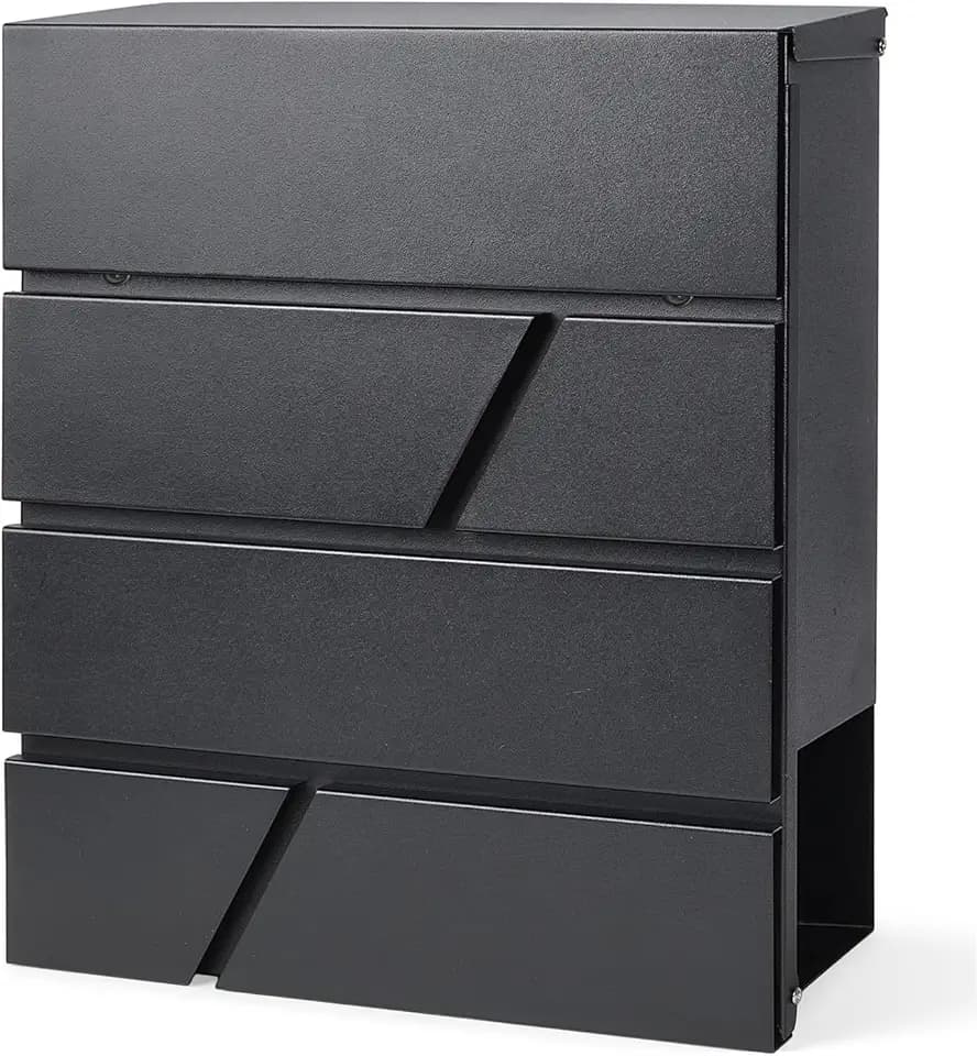 Plexon Locking Mailbox Wall Mount for Outside — Modern Door Mailbox & Secure Key Drop Box — Heavy-Duty Galvanized Steel with Newspaper Holder, Linear Design, Matte Black, 14" W x 14.4" H x 4.2" D