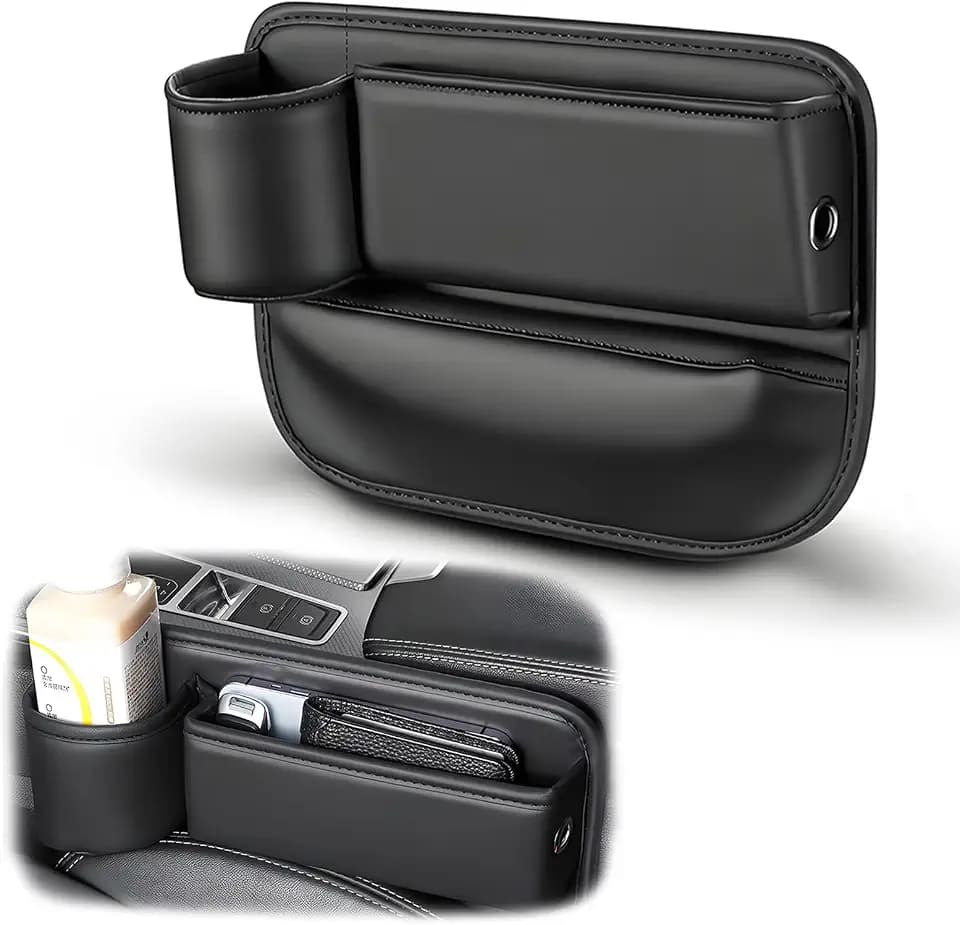 Car Seat Gap Filler Organizer, Universal Premium Leather Seat Organizer with Cup Holder, Seat Gap Storage Box with Bottle Holder, Car Leather Gap Bag Front Center Console Seat (Driver Side)
