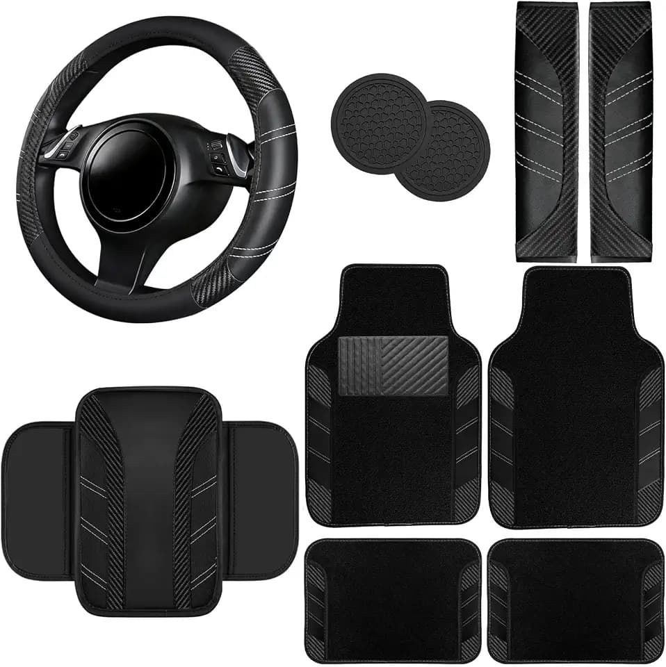 NBTEPEM 10 Pcs Car Floor Mats Full Set & Sport Leather Steering Wheel Cover 14.5-15 inch, Center Console Cover, Seat Belt Cushion, Cup Holder Coaster, Universal Automobile Interior Sets (Black)
