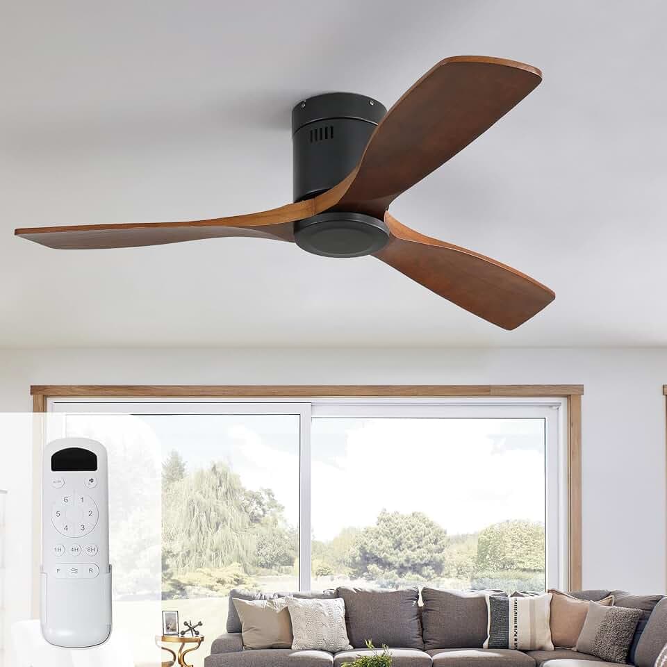 52 Inch Ceiling Fan No Lights with Remote, Low Profile Flush Mount Solid Wood Blades, Quiet Reversible DC Motor for Indoor Outdoor Bedroom Living Room Patio Farmhouse