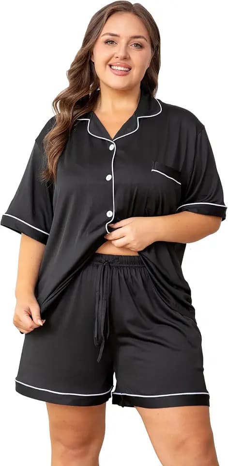 Vozanet Women's Plus Size Button Down Pajamas Soft Lounge Sets Shorts with Pockets Bride Nighty Solid Soft Pjs 1x to 5x