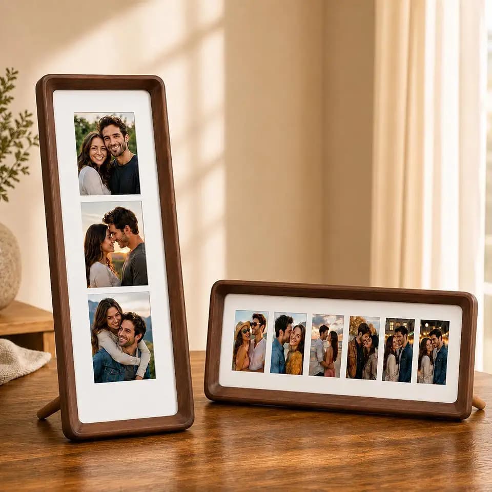 2Pcs Walnut Wood Photo Booth Frames - Long Photo Strip Frame 11.4×3.5in Vertical Horizontal Photobooth Pictures with White Textured Mat for Wedding Graduation Tabletop Decor