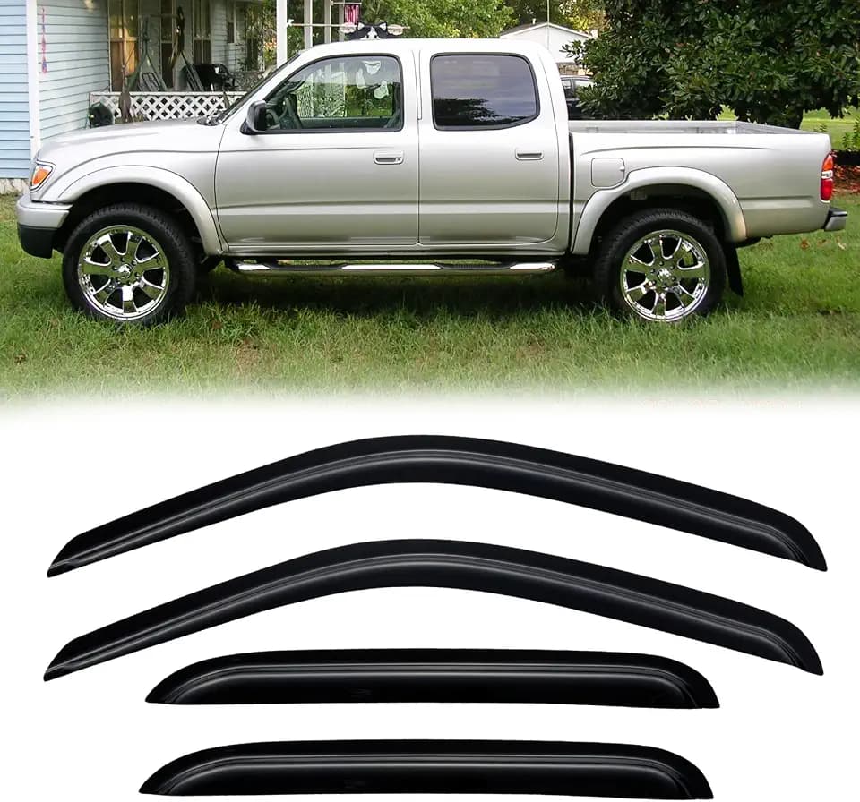 Rain Guards for 2001-2004 Toyota Tacoma Crew Cab (4 Full-Size Door cab), Out-Channel Window Visor Shields Vent Deflector Shade Wind Dark Smoke 2002 2003 01 02 03 04, Outside-Mount, 4PCS