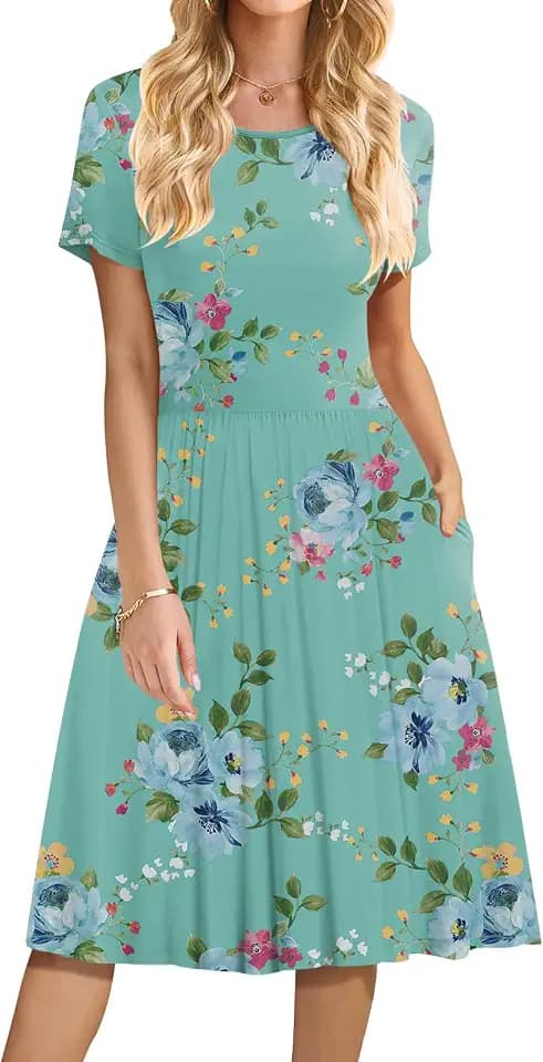 DB MOON Damen-Sommerkleid, lässig, kurzärmelig, Empire-Taille, Kleid mit Taschen