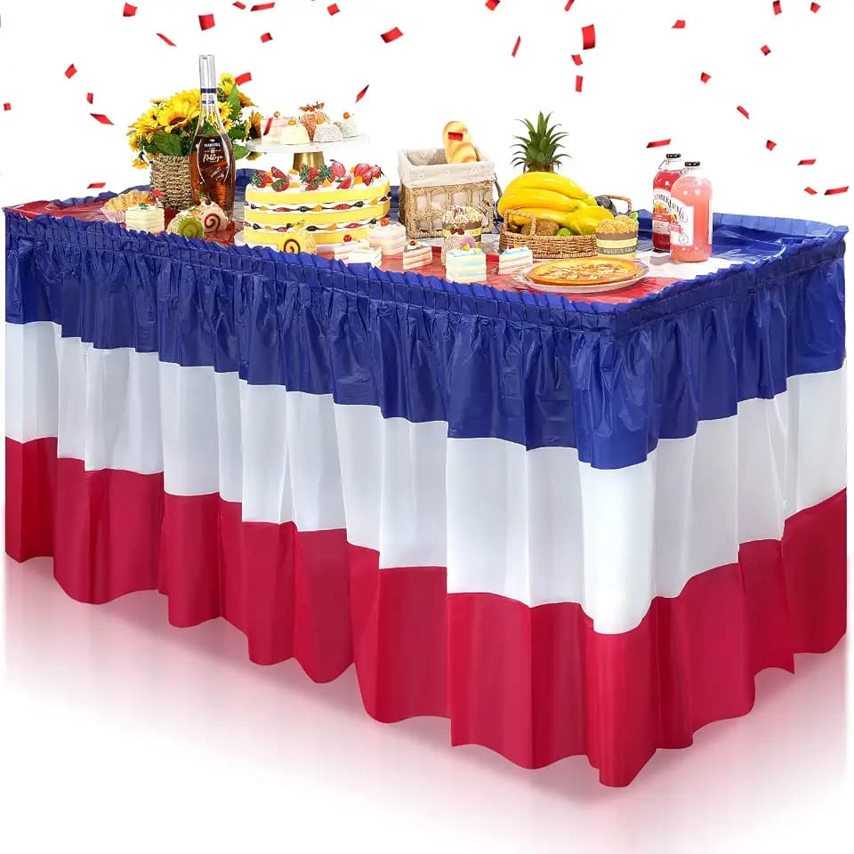 1 Pack 4th of July Plastic Table Skirts Decorations, Red White and Blue Patriotic Disposable Table Skirts, Fourth of July Table Party Decorations for Independence Memorial Veterans Day, 2.4 x 14 Ft