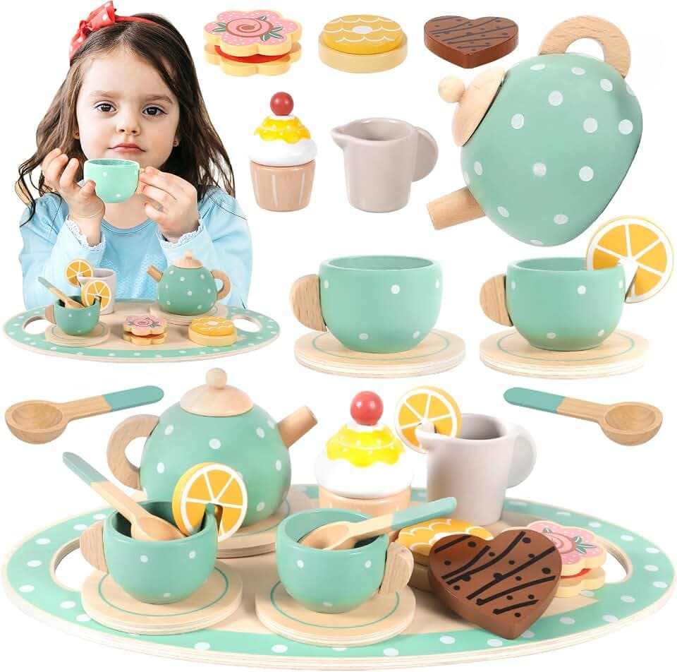 17Teeservice Kinder Holz Set, Tee Set Holzspielzeug, Teeparty Spielküche Rollenspiele, Tee Sets Kinder Teeservice mit Dessert, Kinderküche Zubehör Geschenk für Kinders Mädchen Jungen