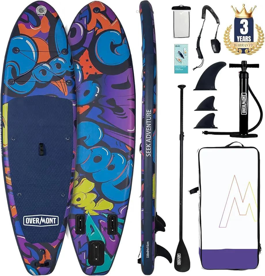 Overmont SUP Board Aufblasbar Stand Up Paddle Board für Erwachsene 323x84x15 cm, Komplettes SUP Set mit Verstellbarem Paddel, Pumpe, Rucksack, Leash & 3 Finnen