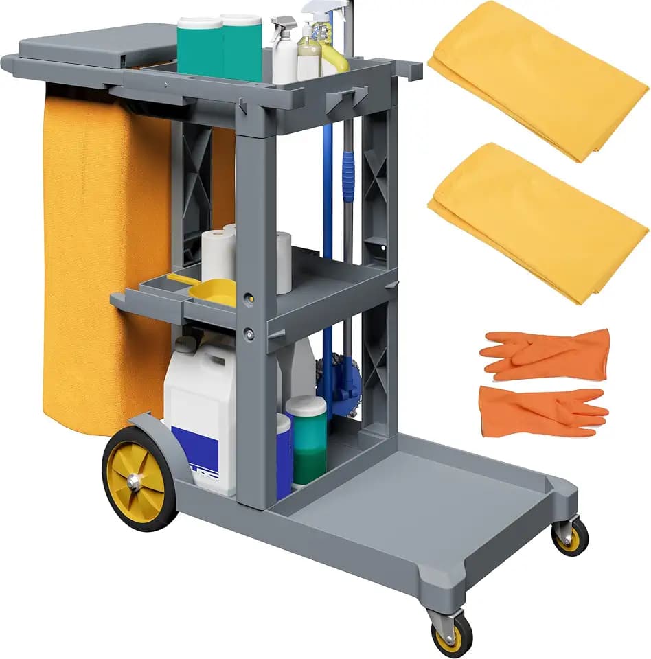 YITAHOME 3-Shelf Cleaning Carts on Wheels, Grey Janitorial Cart