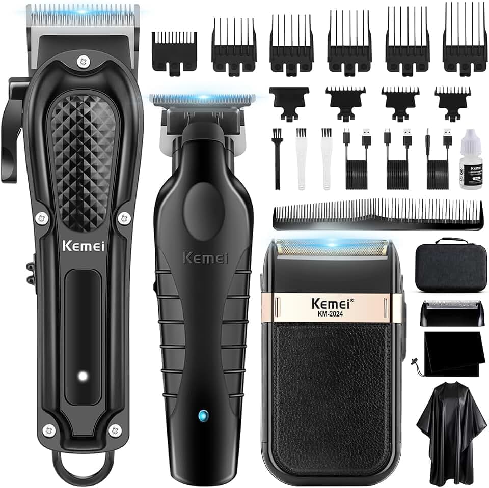 KEMEI Professionelle Haarschneidemaschine für Männer, Schnurloser Kompletter Barber Clipper T-Blade Trimmer Folienrasierer Set, Elektrisches Haarschneider Full Kit mit 9 Führungskämmen