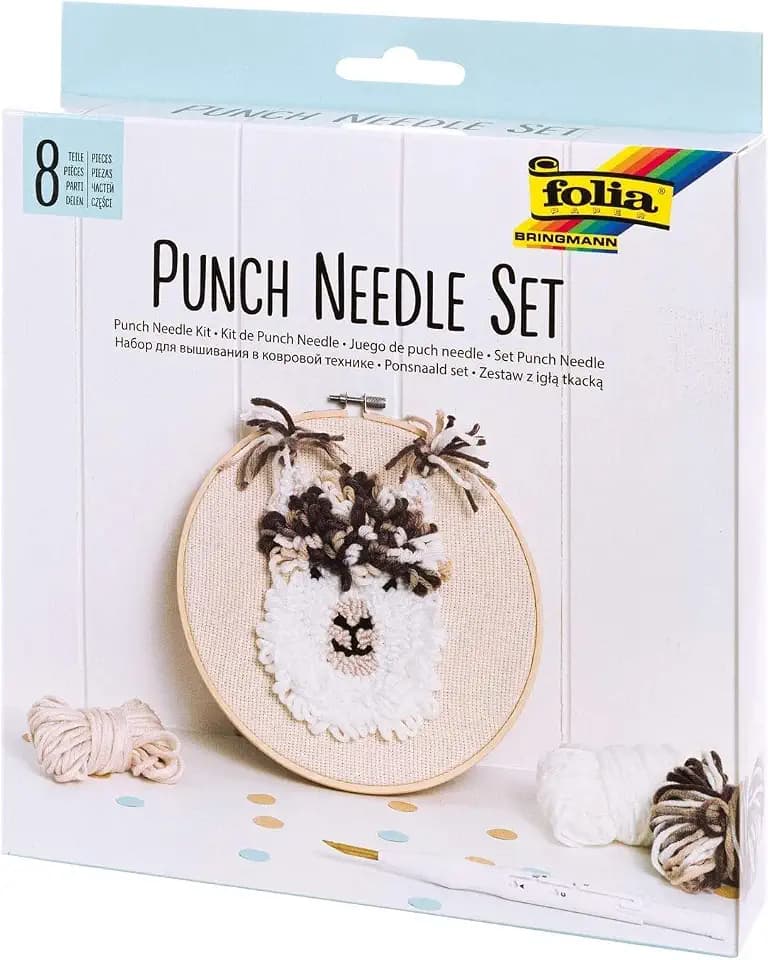 folia 23411 - Punch Needle Set mit flauschigem Alpaka Motiv, 8 teiliges Komplettset mit Stickrahmen, Mönchsstoff, Punchnadel, Einfädelhilfe und Wolle