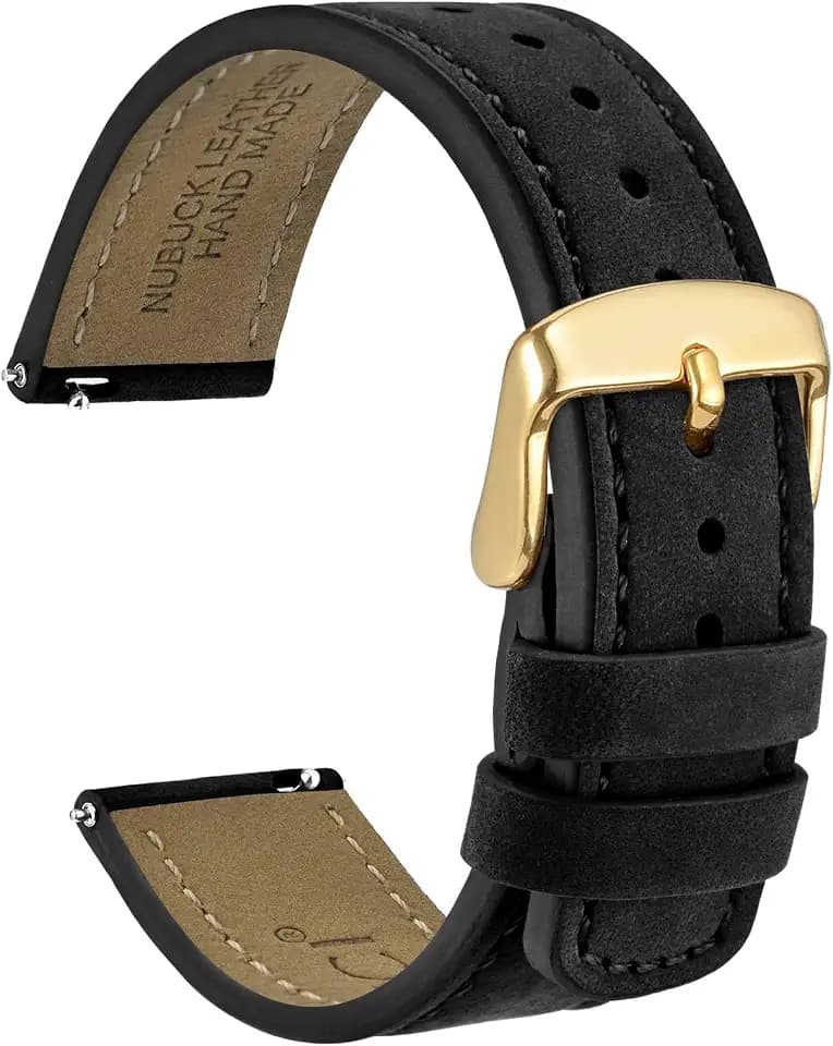 WOCCI 20mm Retro Leather Watch Band for Men and Women, Quick Release Replacement Strap with Golden Buckle (Black)