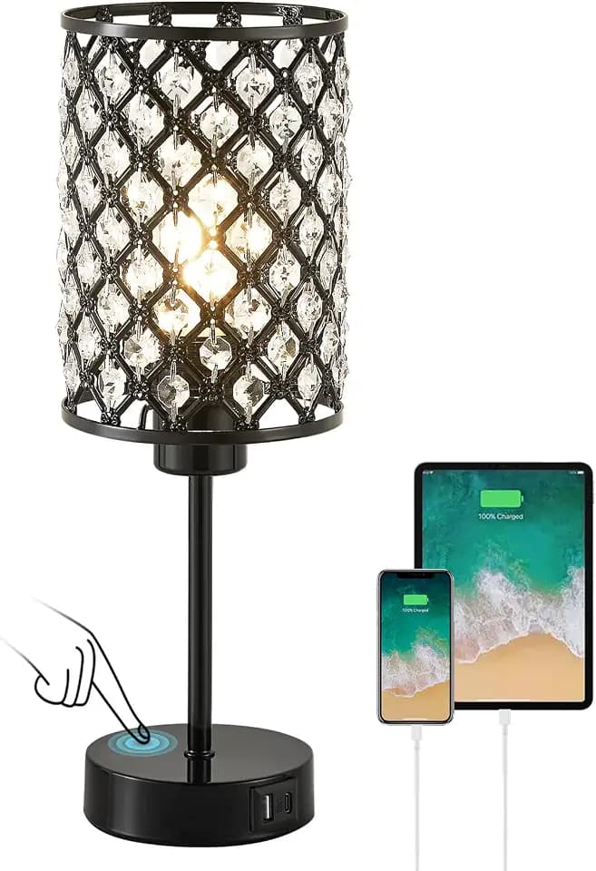 Crystal Table Lamp, Black Touch Lamp with USB C+A Port, 3-Way Dimmable