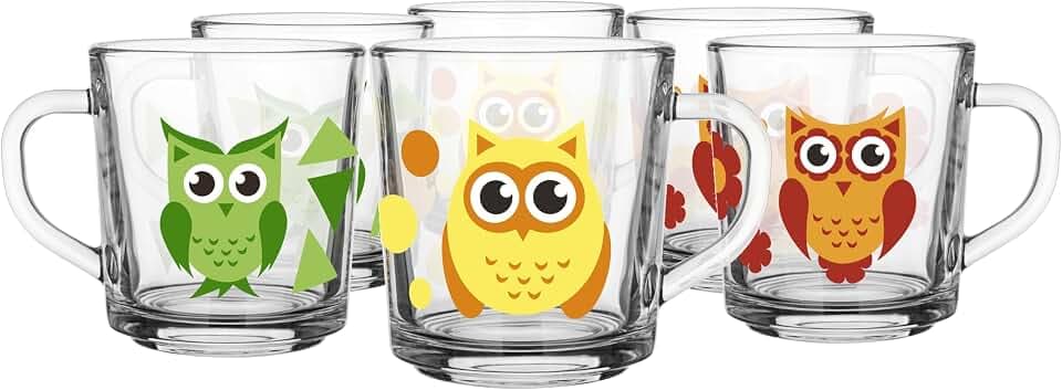 Glasmark KROSNO, 220ml, Set von 6, Gläser set kinder, Bedruckte Kinderbecher mit Eulenmotiv, Trink-Glas, Kindertasse, Glasbecher mit Hörer, Spülmaschinenfest, Motiv Eule
