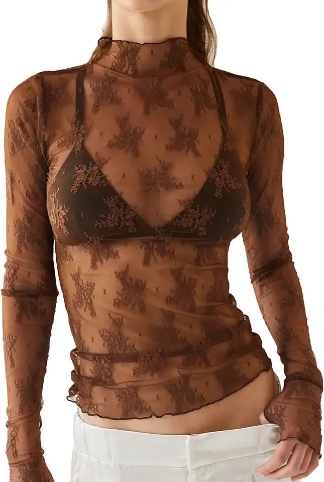 Ugerlov Women's Lace Long Sleeve Tops Mock Neck Mesh Tops Sheer Shirts