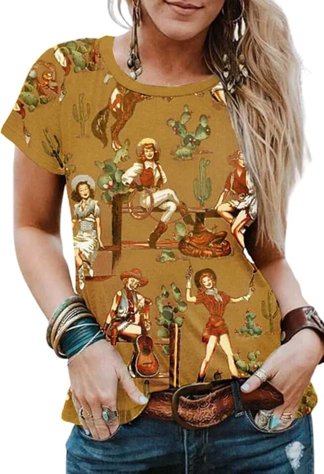 Western Cactus Horse T-Shirt Cactus Shirts for Women Desert Horse Graphic Tee Casual Cowgirl Vintage Short Sleeve Tops