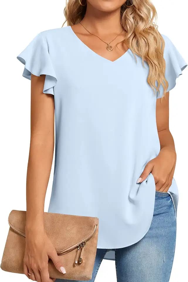 TAOHUADAO Lässiges Damen-T-Shirt, V-Ausschnitt, Chiffon, Rüschenärmel, Sommer-Top