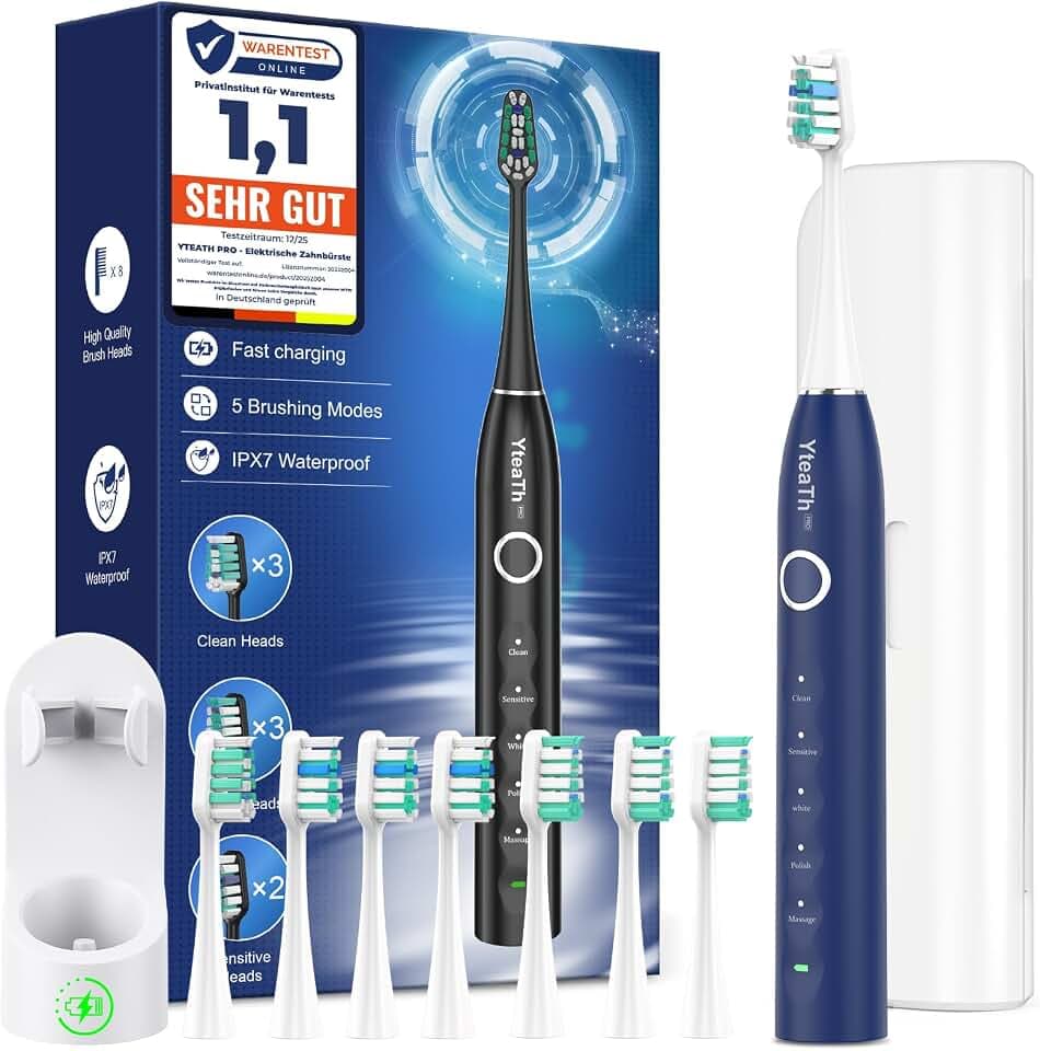 Elektrische Zahnbürste, Schallzahnbürste für Erwachsene und Kinder Electric Toothbrush mit 8 Bürstenköpfen (3 Typen) und Timer, 5 Putzmodi, Reiseetui, 120 Tagen Akkulaufzeit, 50,000vpm