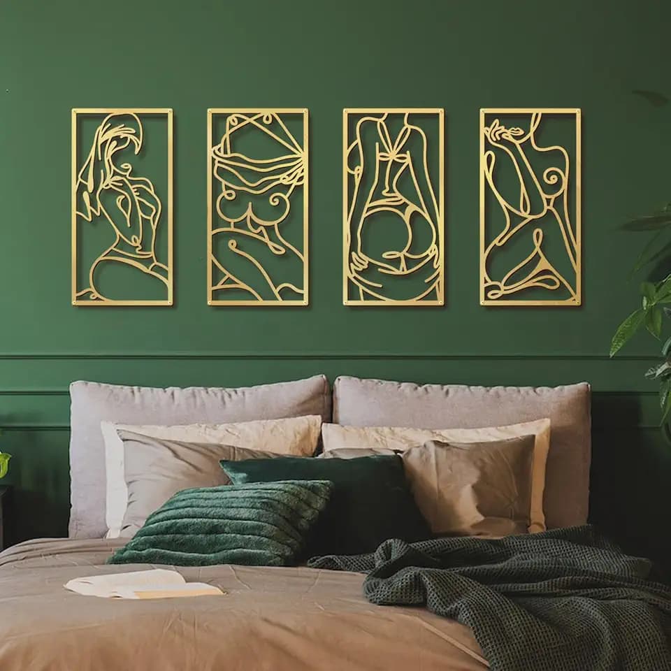 Bakovity Gold Metal Bathroom Wall Art Minimalist Line Art Wall Decor Gold Abstract Modern Wall Decor for Bathroom Living Room Bedroom (4 Pcs,17 x 9 in)