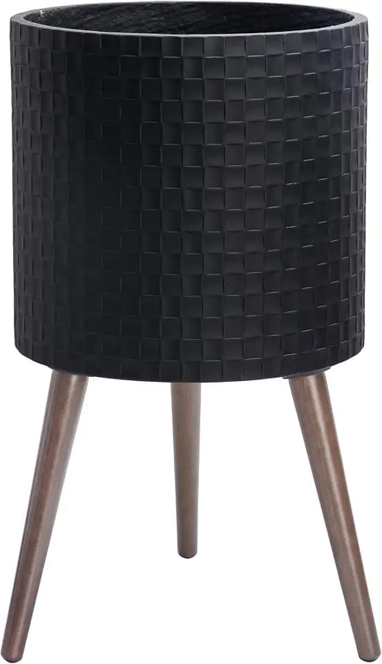 D'vine Dev Planter Pot with Wood Stand, 14 in, Matte Black, 88-Z-D-2
