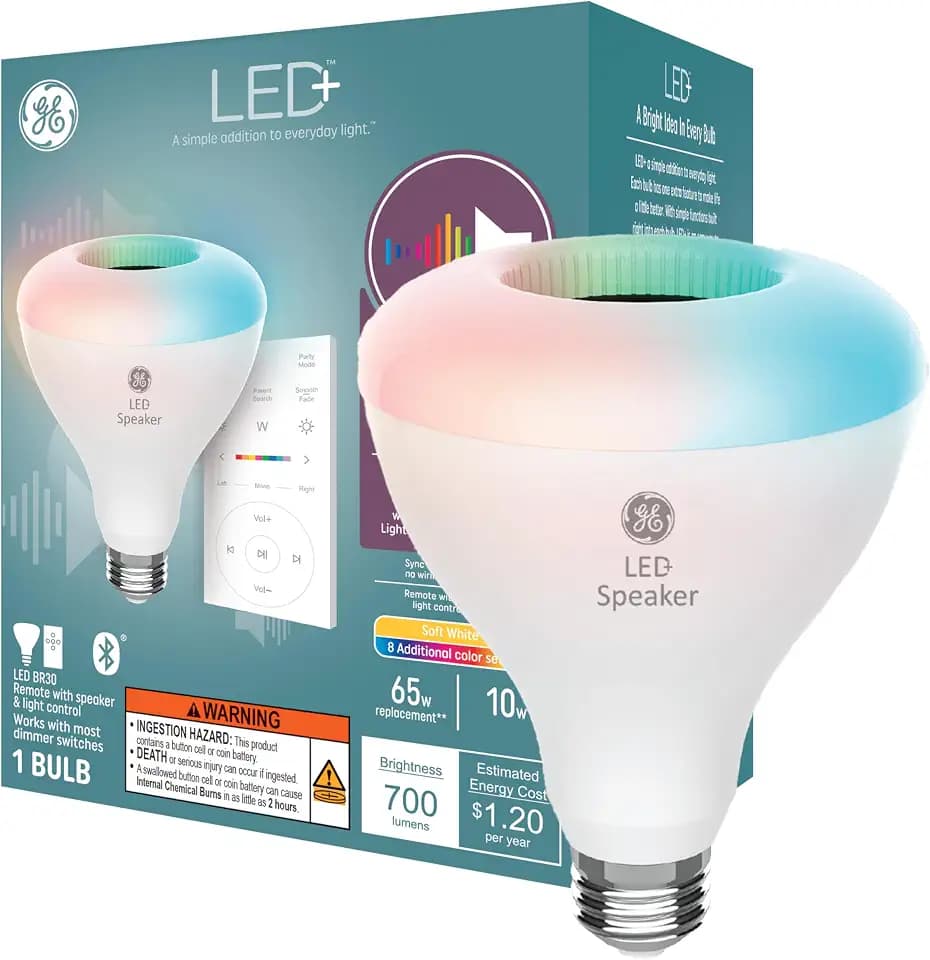 GE LED+ Color Changing Speaker LED Light Bulb, BR30 Indoor Floodlight Bulb, Soft White and Multicolor (1 Pack)
