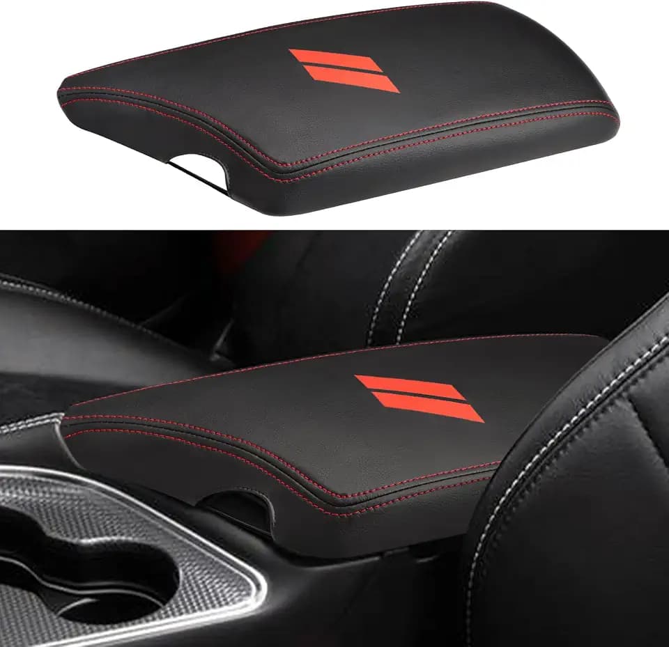 INTGET Car Center Console Armrest Cover for Dodge Challenger Accessories 2023 2022 2021 2020 2019 2018 2017 2016 2015 Interior Arm Rest Seat Cover Middle Console Cover Lid Protector Pad (Red Stitches)