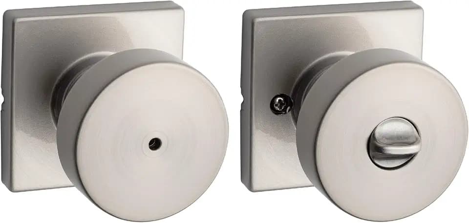 Kwikset Pismo Interior Privacy Door Knob with Lock, Door Handle For Bathroom and Bedroom, Satin Nickel Keyless Turn Lock Doorknob, with Microban Protection