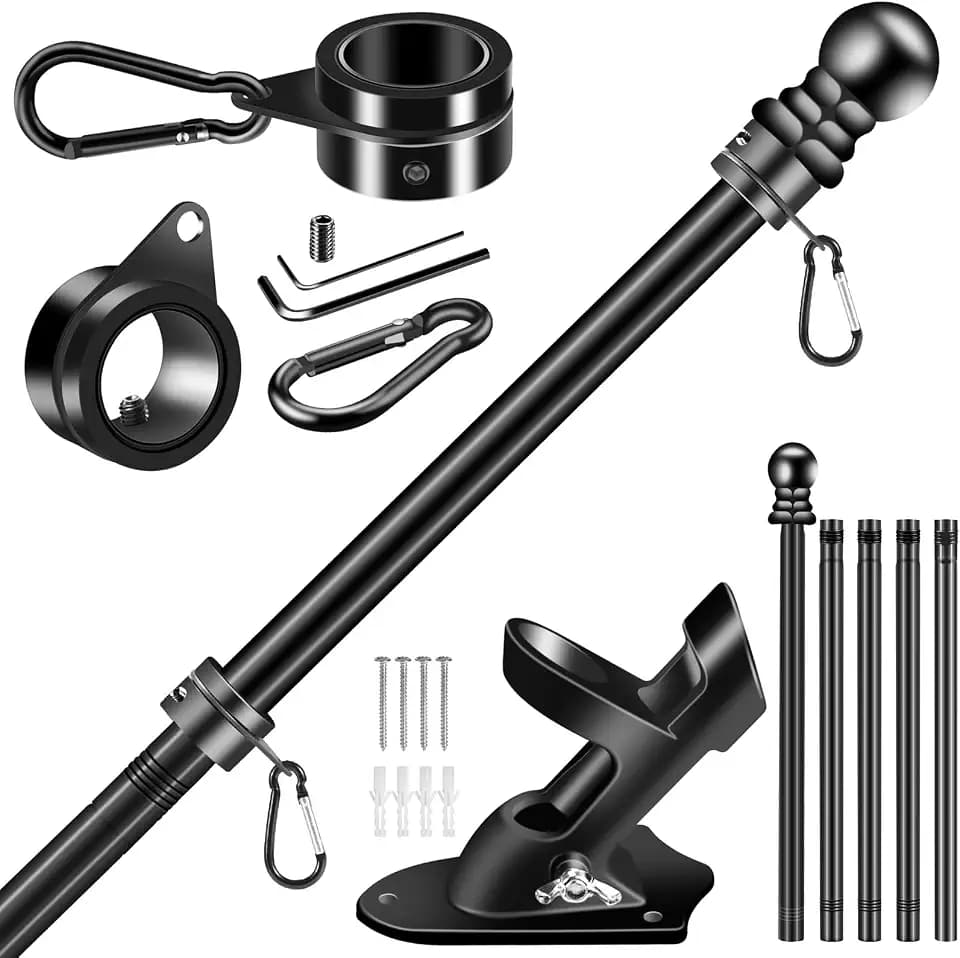 BONWIN Black Flag Pole Kit for Outside House, 6 FT Thickened Stainless Steel Wall Mount Flagpole for 3x5'/4x6' Flag, 1" Anti-Wrap Spinning Metal Flag Ring Clips & 2-Position Bracket Holder for Porch