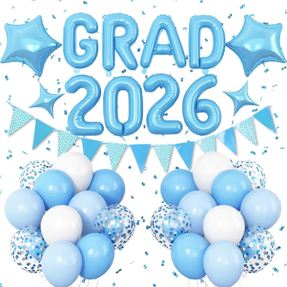 Graduation Decorations 2026 Blue, GRAD 2026 Foil Balloons Banner, Light Blue and White Confetti Balloon Star Balloon Pennant Banner for Class of 2026 Blue Graduation High School College Party Decor