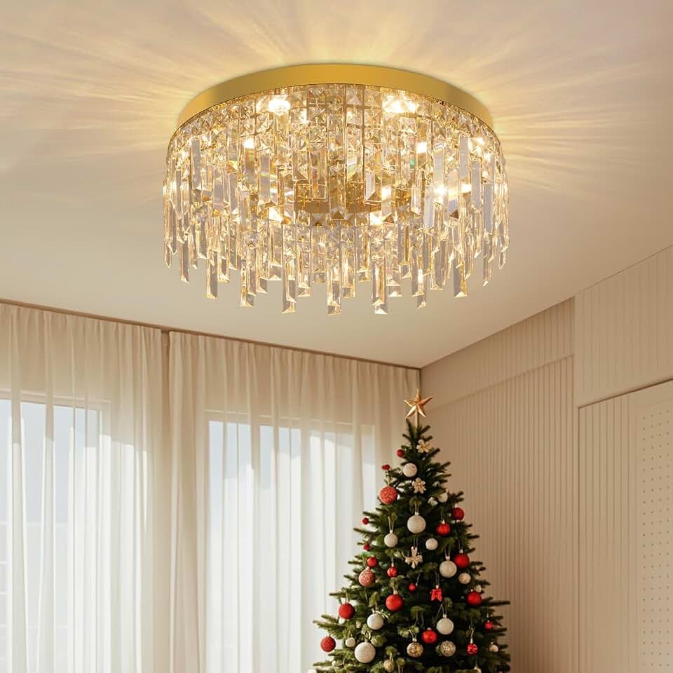 VETRULUS Gold Kristall Kronleuchter für Esszimmer 50CM Runde Luxus Flush Mount Kristall Deckenleuchte Moderne Kronleuchter für Schlafzimmer Wohnzimmer Kücheninsel