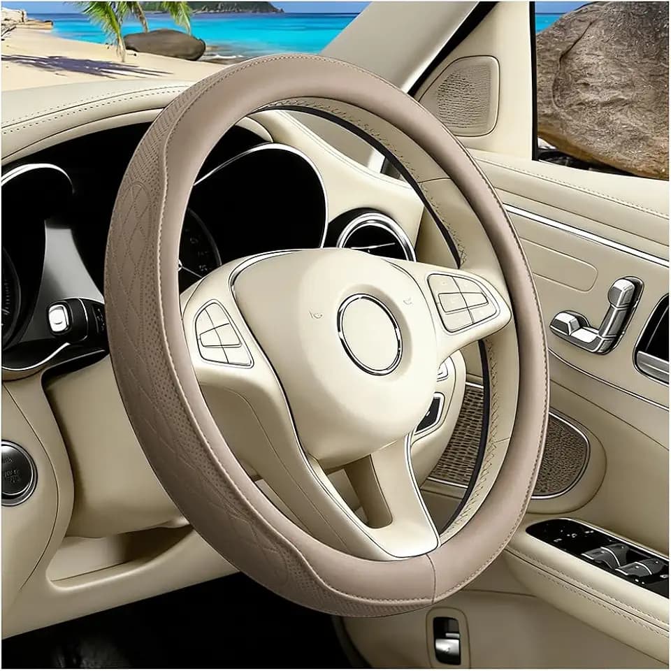 Mandark Car Steering Wheel Cover, Breathable Leather Comfortable Automotive Steering Protector, Anti-Slip Lining Vehicle Wheel Cover Decoration Accessories, Universal Fit (Beige)