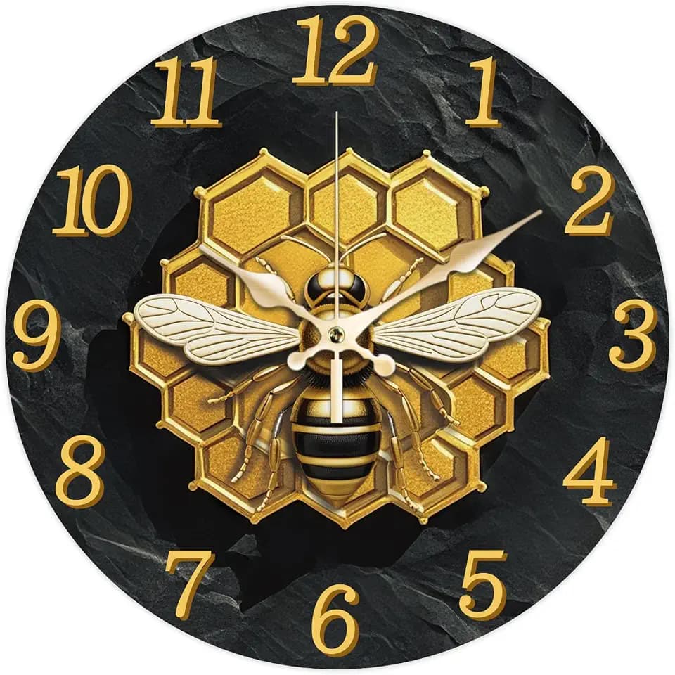 CHGCRAFT Golden Texture Honeycomb Bees Pattern Wall Clock 12 Inch Non-Ticking Bee Clocks Round Wall Hanging Clock Battery Operated for Bedroom Living Room Kitchen Office