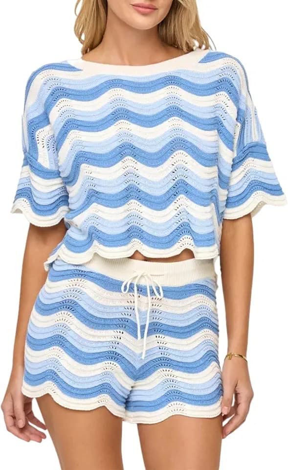 2 Piece Sets for Women Short Sleeve Striepd Crochet Cover Up Tied Shorts Beach Clothes