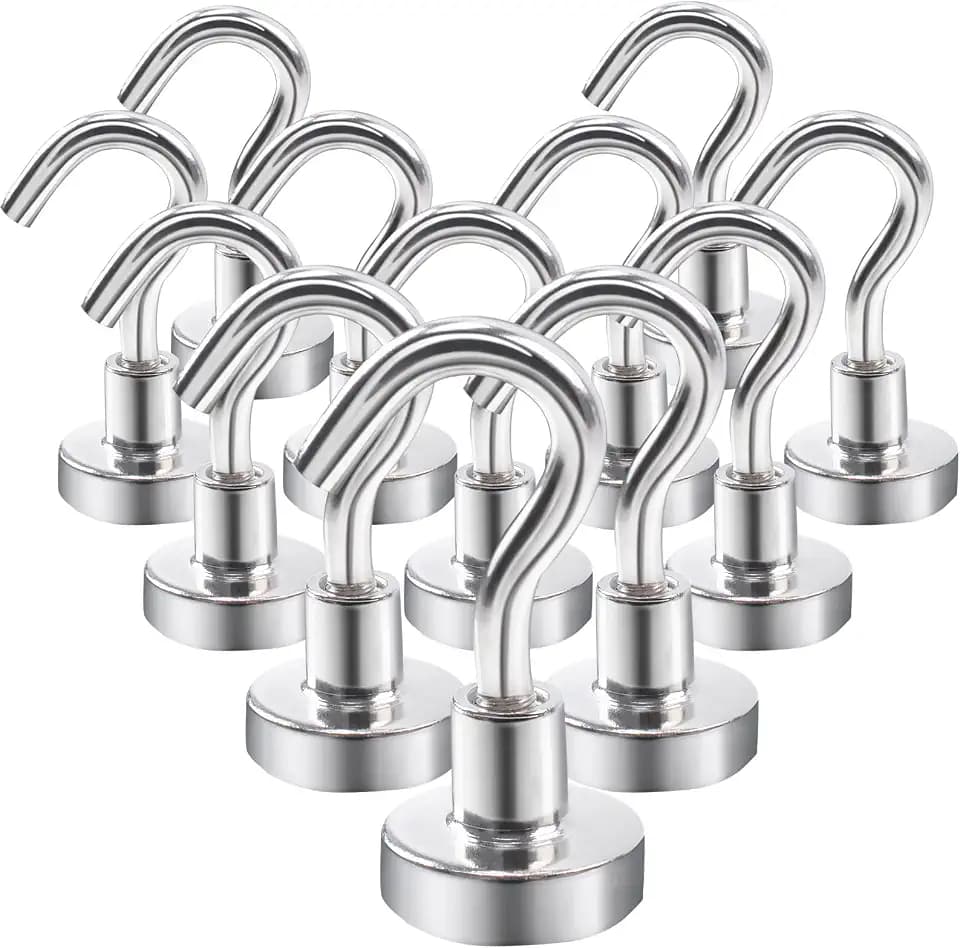 Magnethaken Klein 12Stück Magnet Haken Starke Magnete mit Haken 11kg Magnetische Neodym Magnetic Hooks Hakenmagnete zum Aufhänger Küchen Camping Zubehör 16mm Silber