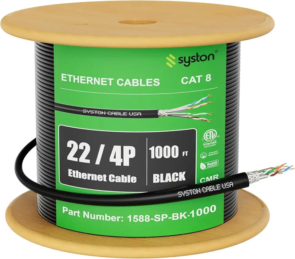 Syston Cable Cat8 Ethernet Bulk Raw Cable 2000MHz 2GHz 40GB 1000 ft Solid Bare Copper S/FTP Individual electromagnetic Tinned Copper Braid Shield 22/4 4 Pair 22 AWG CMR FT4 UTP Black Order to Cut