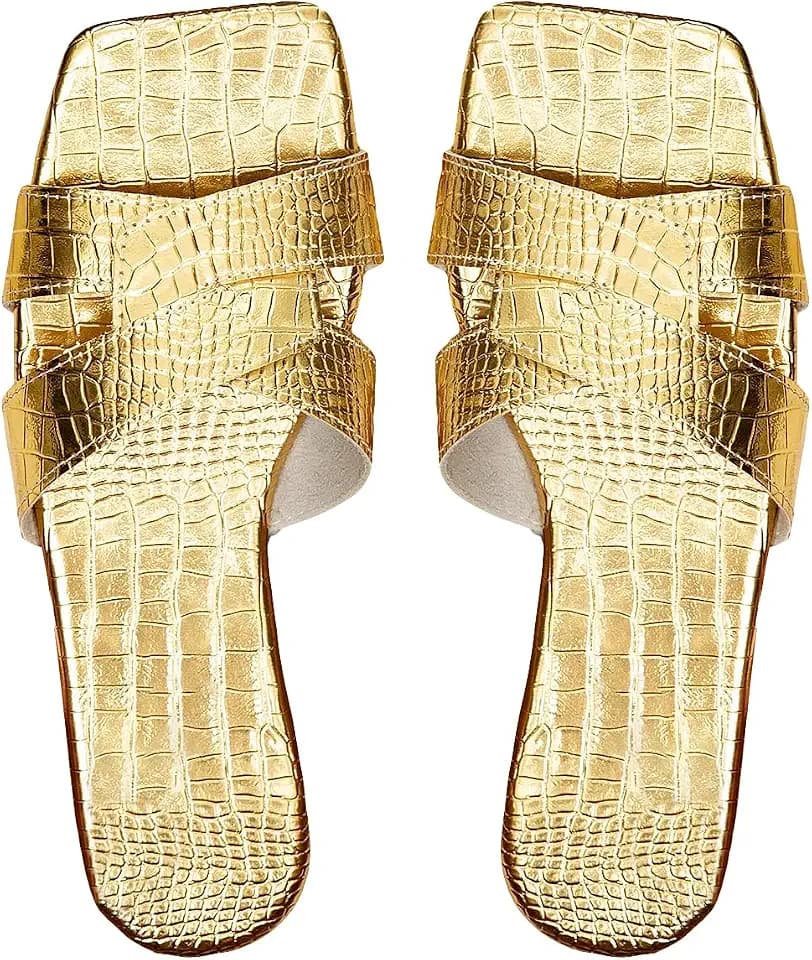 GORGLITTER Women's Gold Flats Sandals Strappy Square Toe Slide Sandals