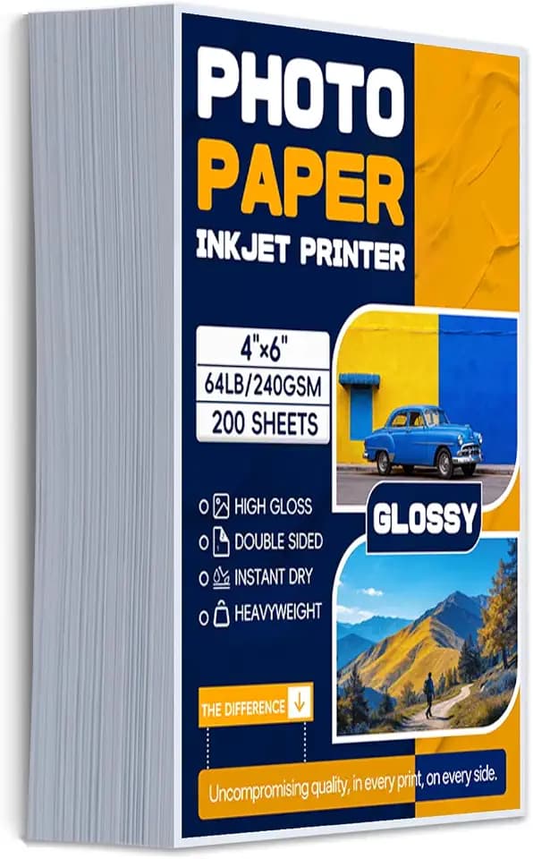 Inkjet Photo Paper 4X6",Glossy Double Sided 200 Sheets 64lb/240gsm Premium Heavyweight Photographic Paper for Inkjet Printer Instant Dry Postcard Picture Brochure DIY Flyers Cardstock