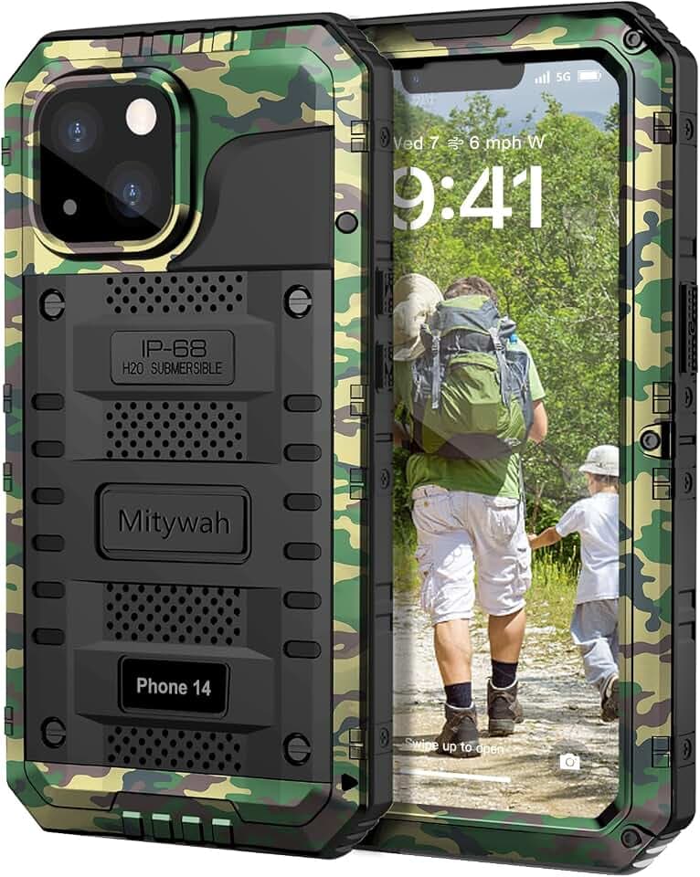 Mitywah Waterproof Case for iPhone 14, Heavy Duty Shockproof Case with Built-in Screen Protector, Full Body Underwater Protective Metal Case 6.1 inch, Camouflage