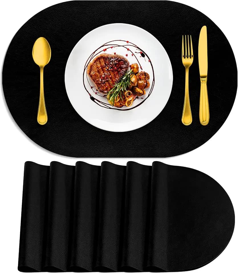 ADRIMER Oval Placemats Set of 6, Wipeable Faux Leather, Black