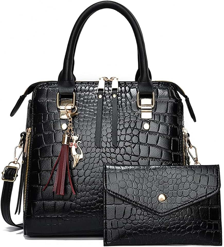 NICOLE & DORIS Damen Handtasche Brieftasche Set Handtaschen Umhängetasche Krokodil Schultertaschen Crossbody Bag Lackleder Henkeltasche mit Anhänger