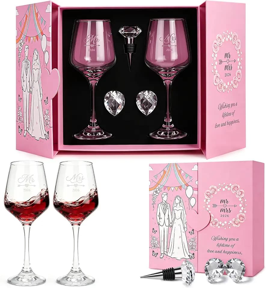 Bridal Shower Gifts, 2026 Mr and Mrs Wedding Gifts for Couples, Engagement Gifts for Couples, Bachelorette Gifts for Bride To Be, Wedding Keepsake Box Wine Stopper and Crystal Diamond
