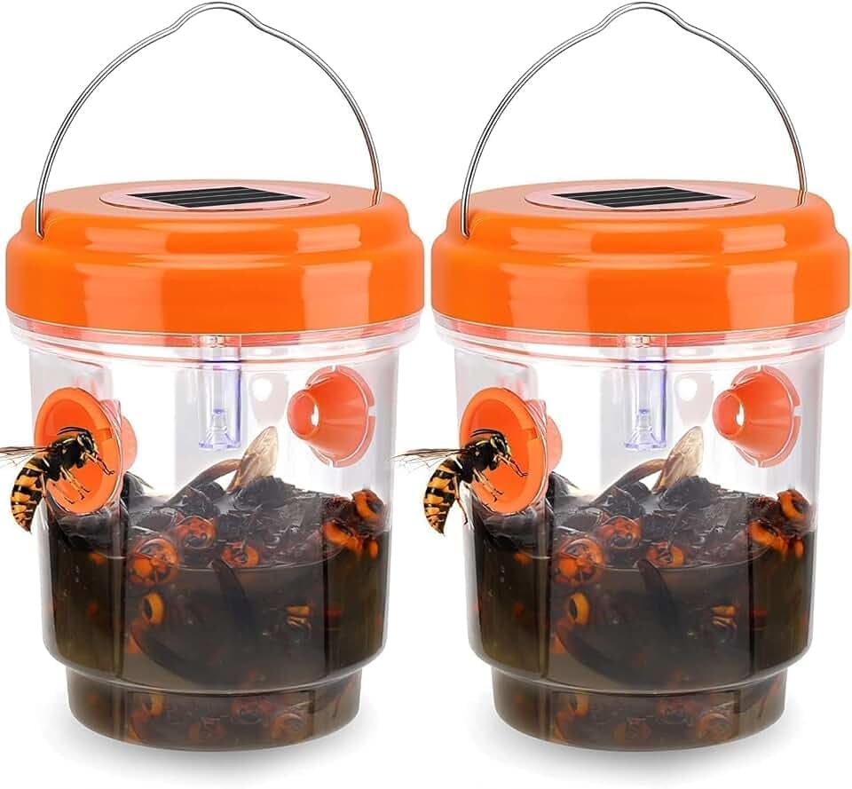 Wasps Trap Outdoor Hanging, Solar Powered Bee Trap Hornets Yellow Jacket Traps Reusable, Bee Wasp Catcher for Garden Patio Yard Orchard